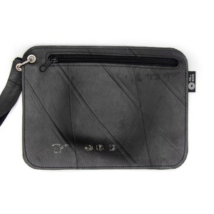 Recycled inner tube wristlet pouch, unisex purse with handle, black vegan waterproof purse, eco gift idea