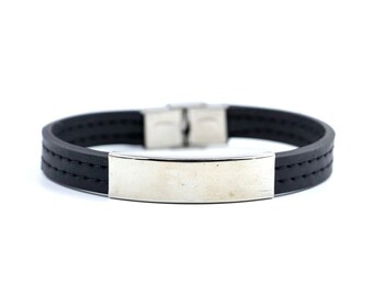 Selbstjustierendes schwarzes Armband aus recyceltem Fahrradschlauch, veganes Armband, Gummiarmband, Armband mit Metallplatte