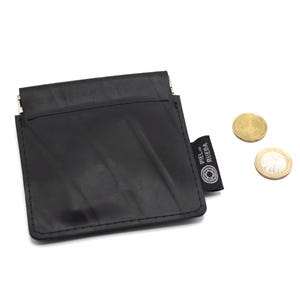 Black pocket coin purse made from recycled tires, rubber coin purse made from inner tubes, vegan coin purse with snap closure
