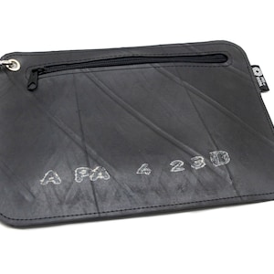 Recycled inner tube wristlet pouch, unisex purse with handle, black vegan waterproof purse, eco gift idea