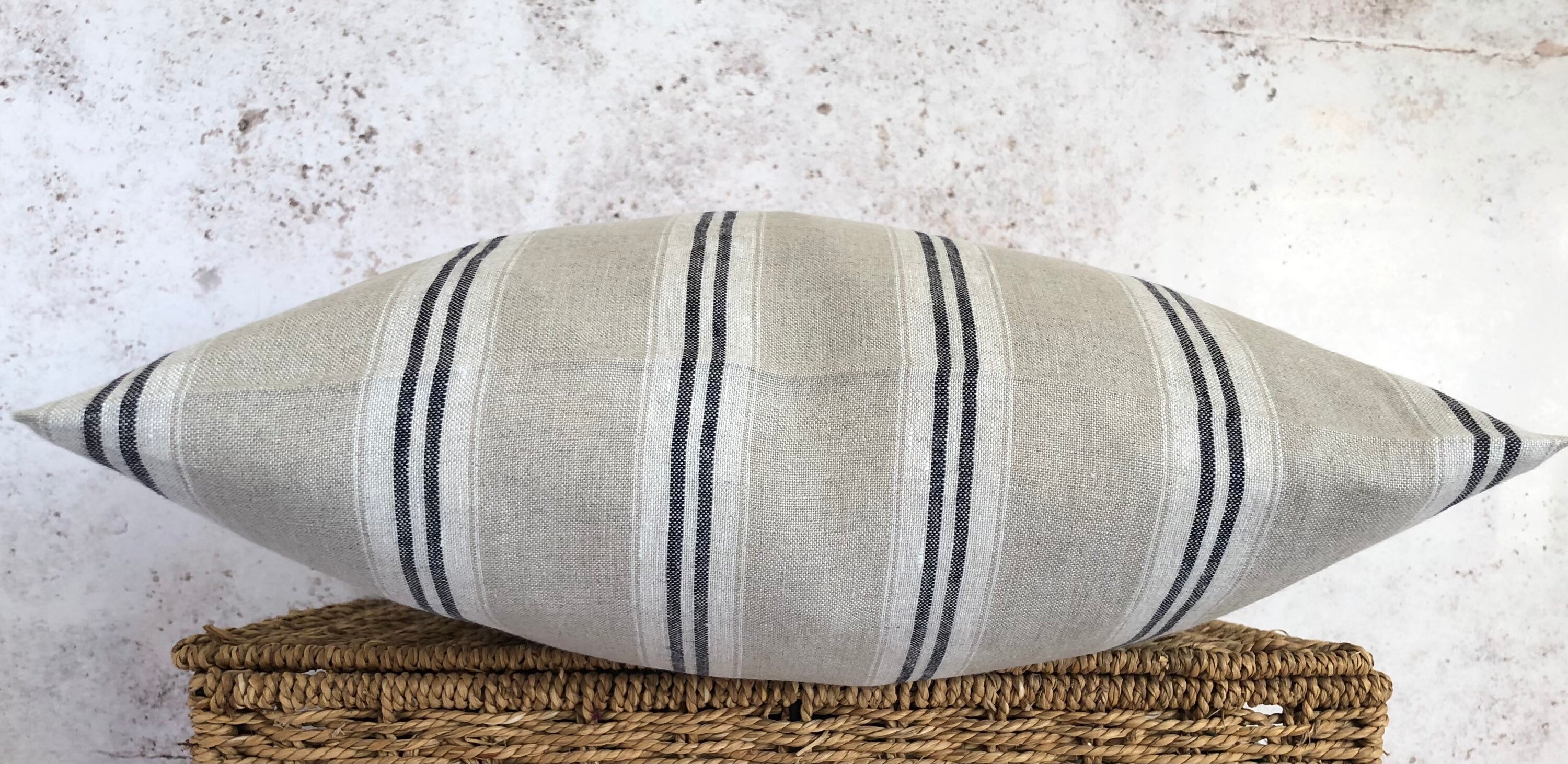 Beige Washed French Linen Cushion Cover with Indigo Stripe Etsy