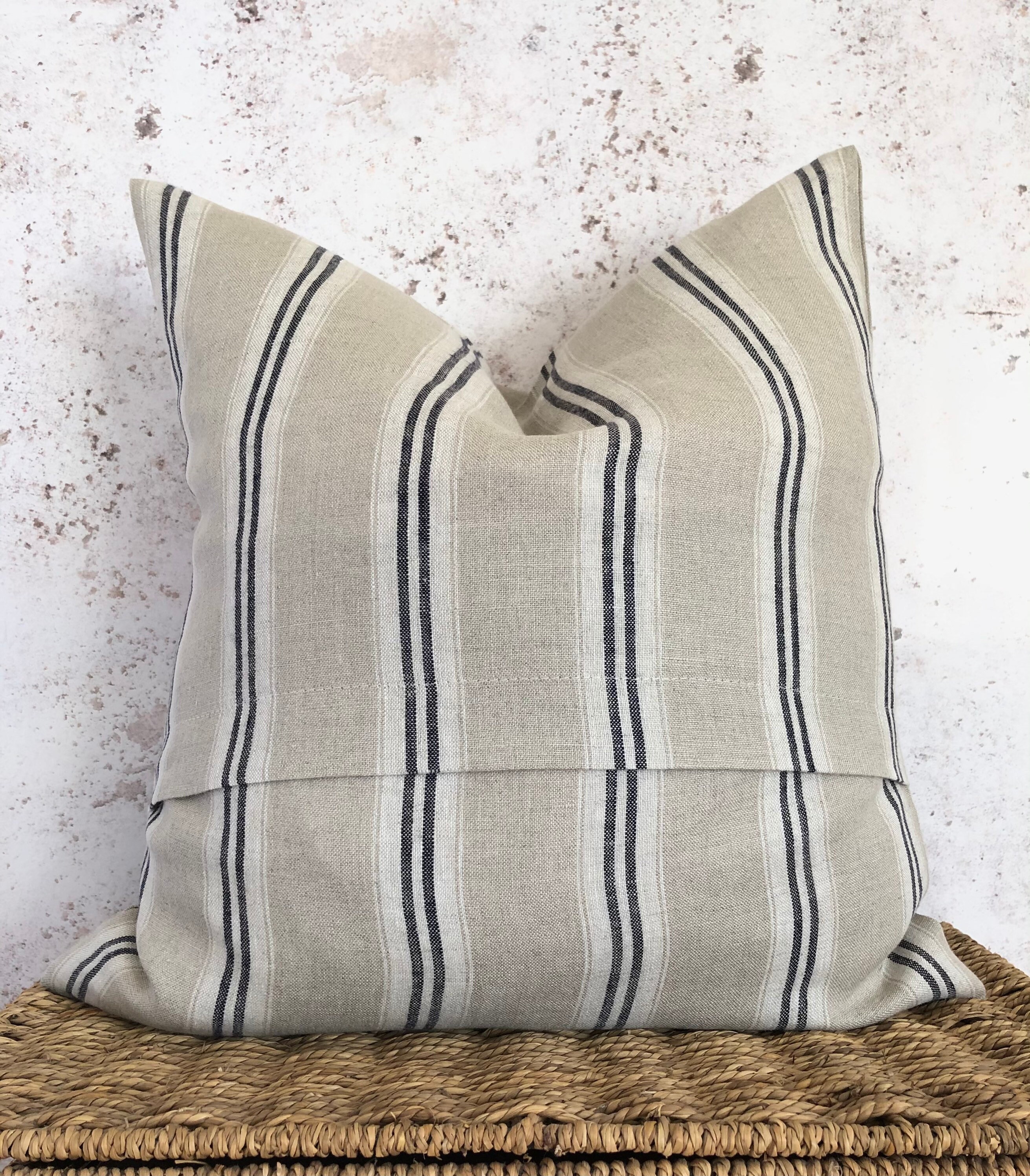 Beige Washed French Linen Cushion Cover with Indigo Stripe Etsy