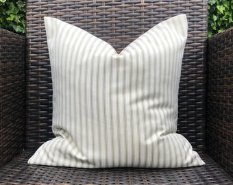 Sage Green Ticking Cushion Cover, Cream and Green Striped Cushion Cover