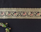 Black Gold Brocade Banarasi Border Indian Trim Peacock Parrot Elephant Trim Indian Brocade Silk Zari Lace Bridal Sari Border 5cm W Price mtr