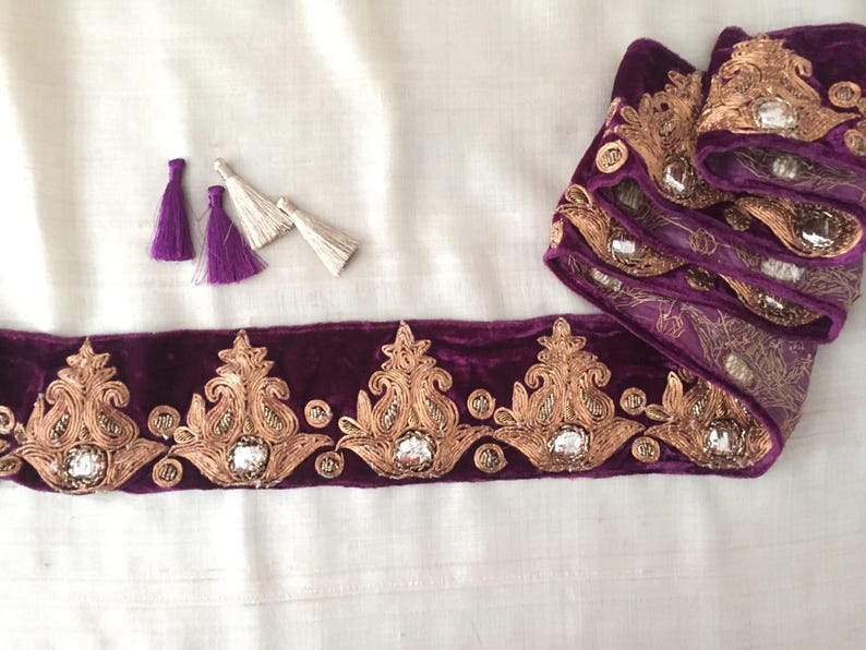 1 metre Beautiful gold and purple lace trim with beads mirrors and pearls 6cm