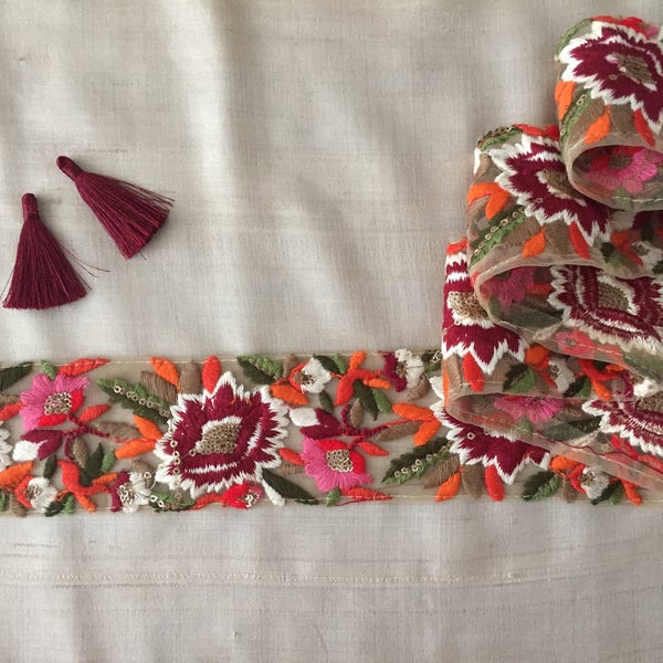 Autumn Floral Embroidery Net Trim,Indian Embroidery Handmade Lace Maroon Pink Orange Flowers,sequins zari threadwork,Sari Border,6cm W