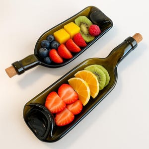 Amber Wine Bottle Serving Snack Tray with Handle and Dividers – Unique 2-Section Dish for Cheese, Fruits, Snacks, and Nuts - Bottleplat