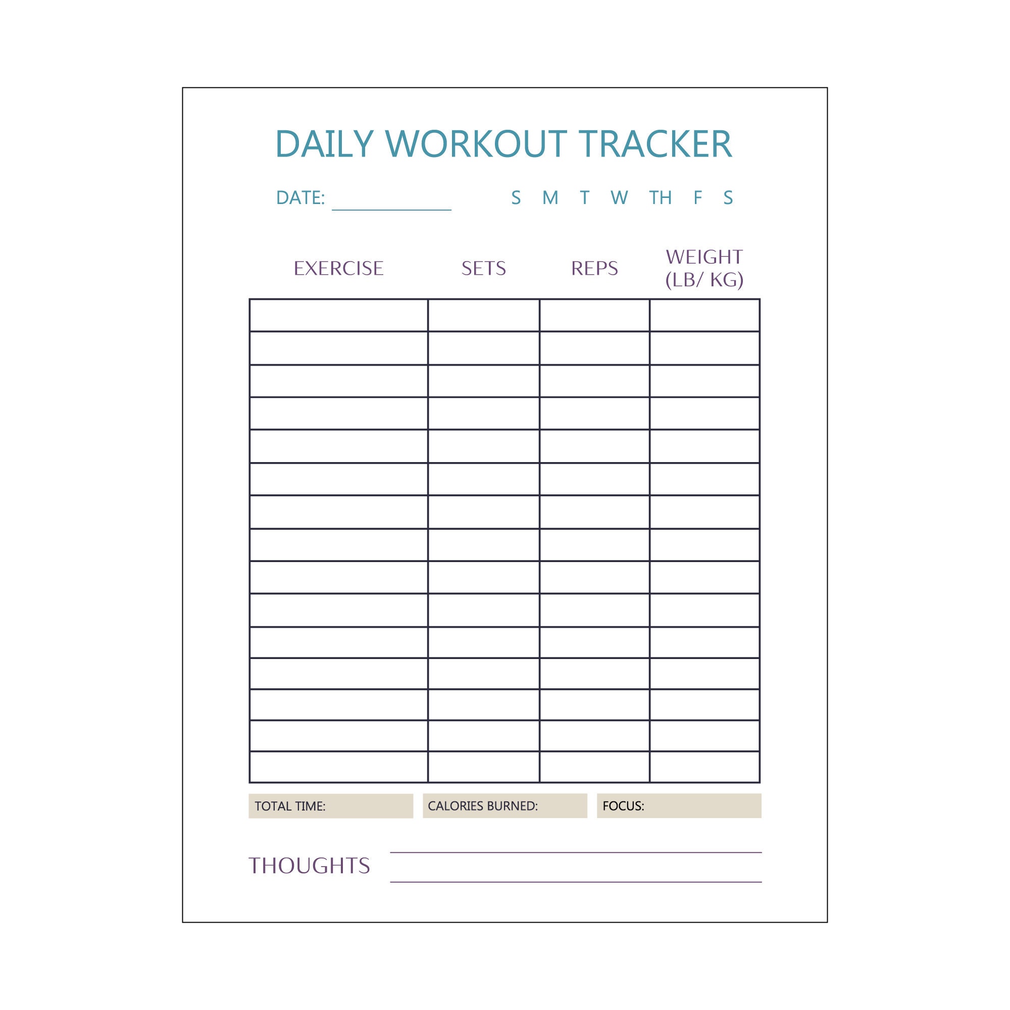 Printable Workout Tracker Digital Download - Etsy