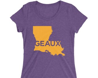Geaux Fitted T-shirt, Graphic Tee, Louisiana, College Team Apparel, Purple and Gold, Black, New Orleans