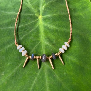 Spiky Brass Moonstone and Labradorite Necklace