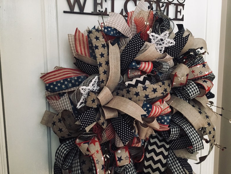 Wreaths Americana Wreath Front Door Wreath Primitive Wreath Farmhouse Style Wreath Farmhouse Decor Country Decor Country Style Wreath Tan Red Blue Home Living