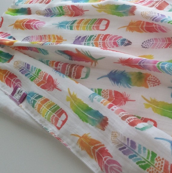 READY to SHIP 2 Layer Muslin Blanket - Organic Gauze Reversible Newborn / Baby Blanket, Gender Neutral Baby - Rainbow Feathers