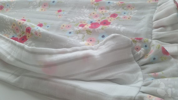 In Stock - Shabby Chic Ruffle Fancy Reversible DOUBLE Gauze Organic Gauze Newborn Baby Security Blanket - Tapestry Bouquet & Stripes Gray