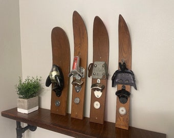 Ski Bottle Openers - Faux Wood Hand Painted - Wall Mount
