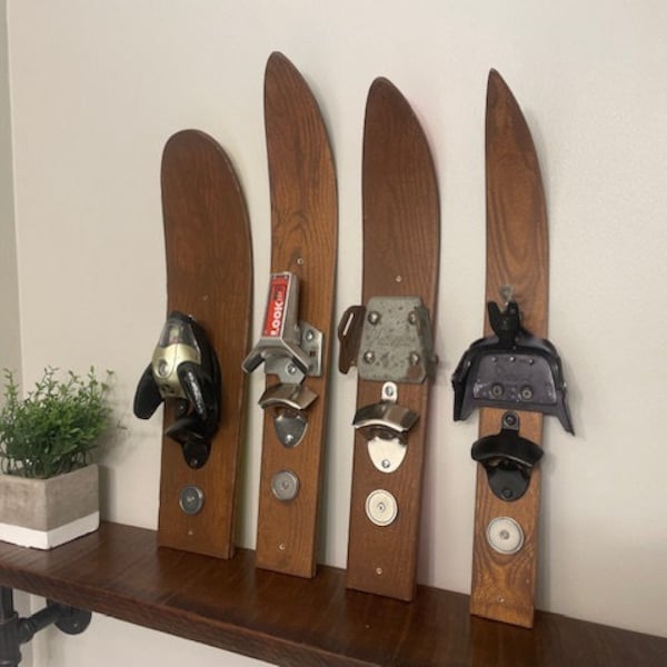 Ski Bottle Openers - Faux Wood Hand Painted - Wall Mount