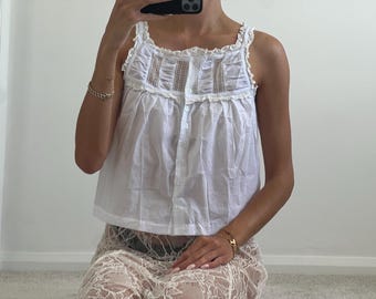 White lace see-through button up blouse vest top size small
