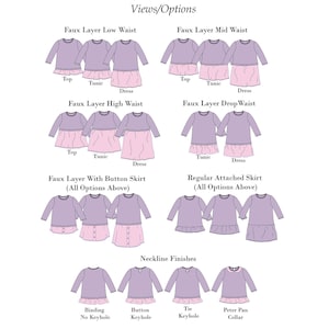 May include: A diagram showing different views and options for sewing a Blythe doll top, tunic, or dress. The diagram shows different neckline finishes, sleeve options, and skirt styles, including a faux layer skirt, a button skirt, and a regular attached skirt.