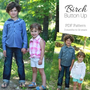 May include: Two children wearing button-up shirts stand in a grassy area. The girl is wearing a pink and white plaid shirt and white shorts. The boy is wearing a blue shirt and blue jeans. The text "Birch Button Up PDF Pattern 3 months to 16 years" is displayed in the upper right corner of the image.