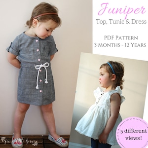 May include: A PDF pattern for a Juniper top, tunic, and dress for children. The pattern is available in sizes from 3 months to 12 years. The image shows two children wearing the dress in different styles. The text "5 different views!" is visible in the lower right corner of the image.