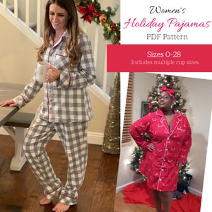 May include: Two women wearing festive pyjamas. The woman on the left is wearing a grey and white checked pyjama set with red trim. The woman on the right is wearing a red pyjama dress with white reindeer and red trim. The text on the image reads "Women's Holiday Pyjamas PDF Pattern Sizes 0-28 Includes multiple cup sizes".