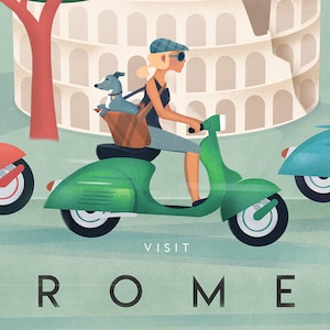 Poster di viaggio vintage, arte di viaggio in Italia, poster italiano, poster retrò, stampa di viaggio, vintage retrò, stampa di Roma, poster di viaggio, poster Vespa