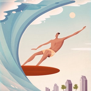Cartel de viaje retro, San Diego, cartel de San Diego, surf de Baja California, impresión de pared vintage, arte de pared de surf, arte de pared de surf, decoración de pared, surf