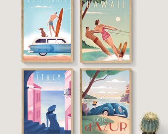 Gallery Wall Art, Set of 4, Vintage Wall Art, Vintage Travel Poster, Wall Art, Retro Travel Posters, DIGITAL DOWNLOAD, PRINTABLE