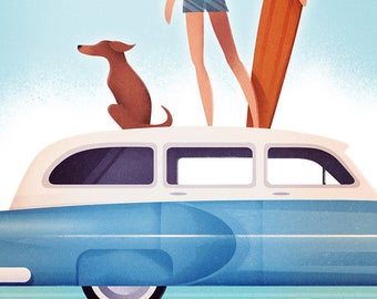 Surfingväggkonst, vintage reseaffisch, Kalifornienväggkonst, stranddekor, strandväggkonst, Kalifornienaffisch, retroaffisch, surfväggkonst