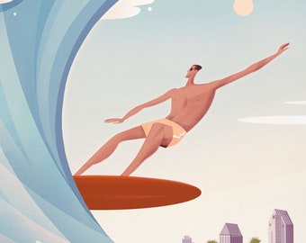 Surfarposter, surfkonst, strandkonst, surfposter, surfdekor, surfing, Kalifornien väggkonst, surfväggkonst, surfstad
