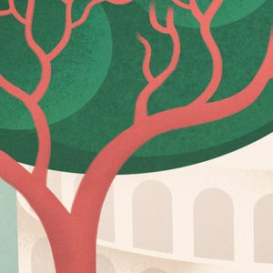 Puede incluir: Una ilustraci&oacute;n estilizada de un &aacute;rbol con un tronco rojo y hojas verdes. El &aacute;rbol est&aacute; delante de un edificio blanco con arcos.