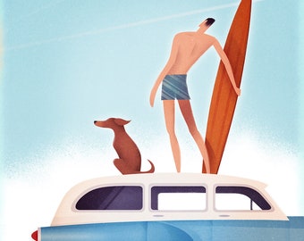 Cartel de viaje vintage de surf en California, cartel retro, cartel minimalista, descarga instantánea, arte mural de playa, arte de surf, decoración de playa
