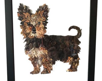 Framed Button and Bead Yorki Portrait
