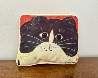 Warren Kimble Cat Pillow, Printed, Vintage Small Pillow American Folk Art