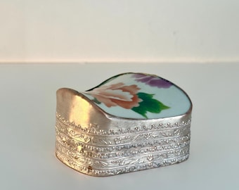 Trinket Box, Chinese Shard Porcelain Floral, Embossed Metal Tin, Vintage Home Table Decor, Antique Shelf Decor, Collectible Jewelry Keepsake