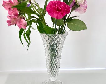 Crystal Vase, Diamond Cut, 8 1/4 Tall, Vintage Home Shelf Decor, Collectible Table Decor, Centerpiece Art Deco Flower Vase