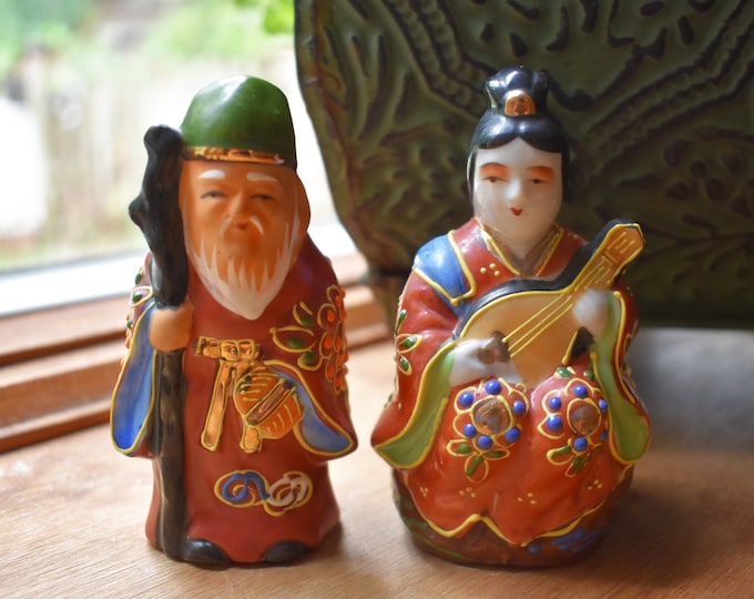 2 Japanese Kutani Lucky Gods Dolls Moriage Porcelain Etsy