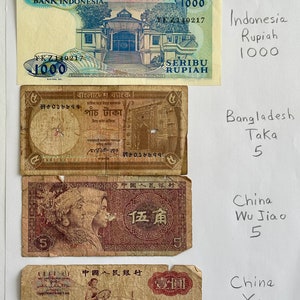 Four Foreign Currency Paper Banknotes, Circulated, from Indonesia, Bangladesh, China, Lot #113, Collectible Old Paper Money. World Currency