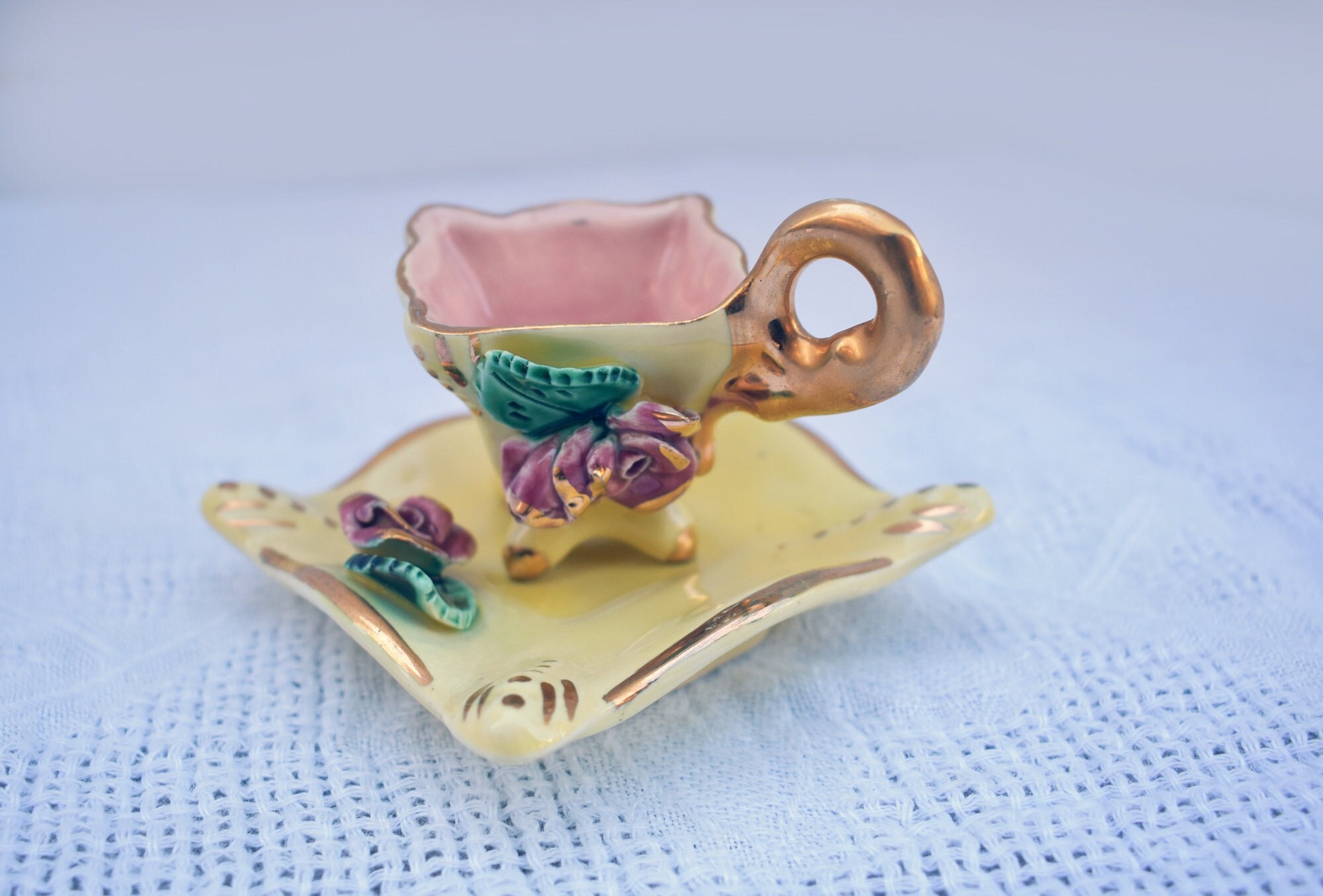 Miniature Tea Cup With Saucer Decorative Raised Flower Gold Etsy