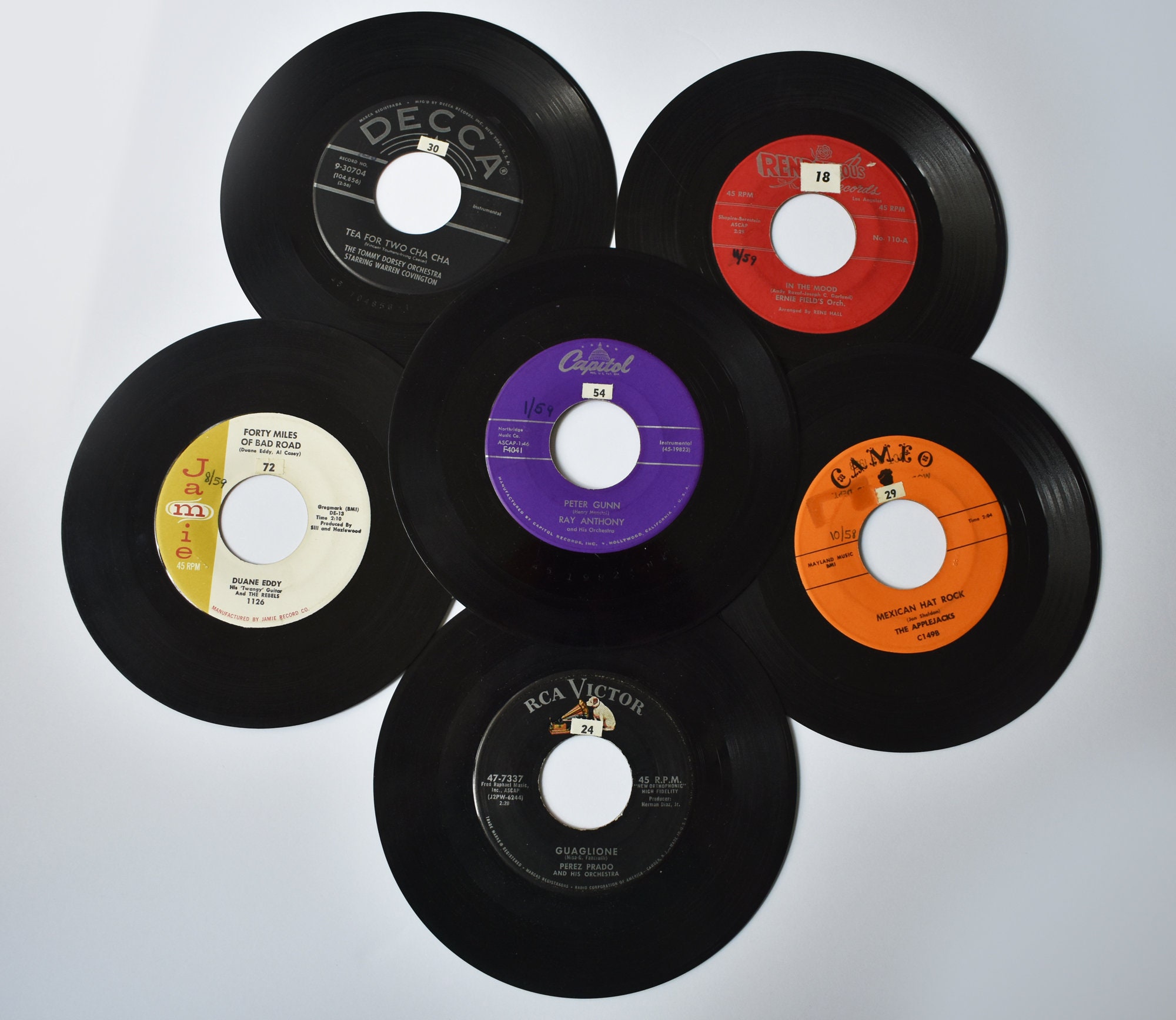 Six Vinyl 45 RPM Records, Vintage 1950's, Oldies Instrumental Hits