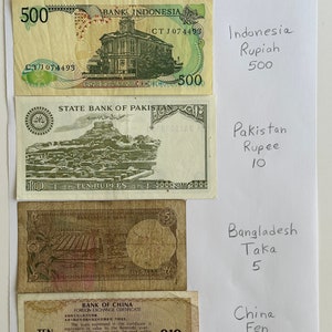 Four Foreign Currency Paper Banknotes, Circulated, from Indonesia, Pakistan, Bangladesh, China, Lot #111, Collectible Old Paper Money.