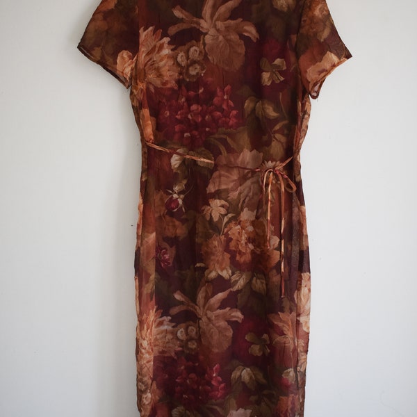 Vintage Dress, Size 6 P, Tea Length, Dressy, 100% polyester, Floral, Earth Tones, Made in U.S.A