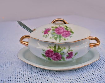 Sugar, Condiment Bowl, Vintage, Pink Roses, Porcelain China, Royal Crown, With Lid & Attached Underplate, Home Decor, Collectible Table Bowl