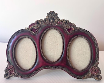 Picture Frame, Three 3x2 Photos, Antique Horizontal Tabletop Photo Frame, Burgundy Ornate Baroque, Vintage Home Shelf Decor