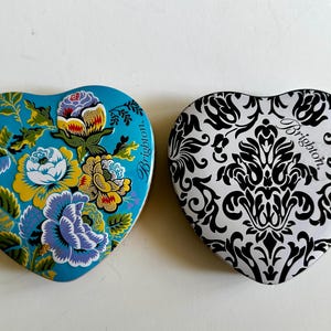 2 Small Brighton Tins, Keepsake Costume Jewelry Storage, Vintage Home Shelf Decor, Trinket Box, Heartshape Floral and Black and White