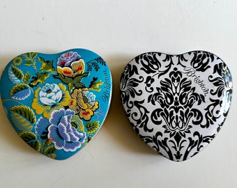 2 Small Brighton Tins, Keepsake Costume Jewelry Storage, Vintage Home Shelf Decor, Trinket Box, Heartshape Floral and Black and White