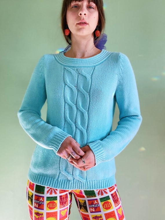vintage baby blue chunky cable knit sweater