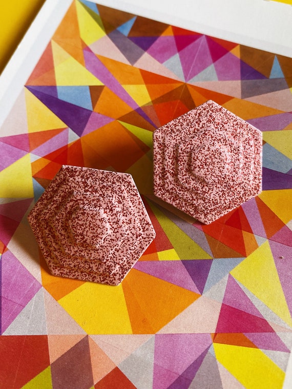 vintage sparkly pink geometric hexagon stud earri… - image 4