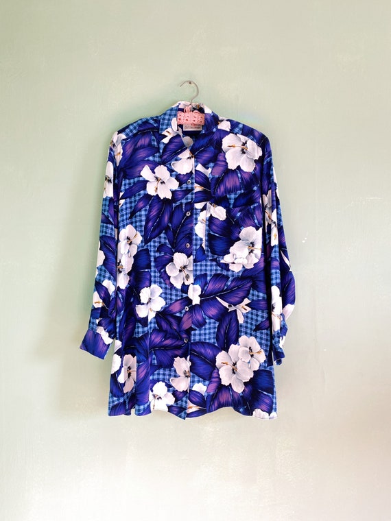 eighties / nineties funky silk plaid floral hawai… - image 5