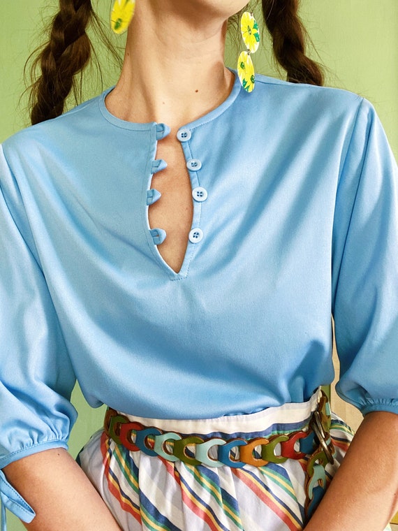 seventies sky blue buttons & bows puff sleeve pea… - image 3