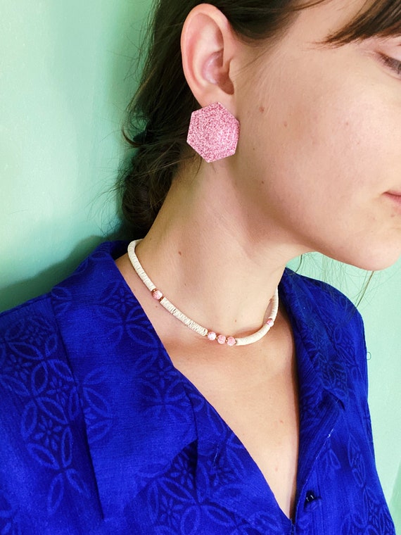 vintage sparkly pink geometric hexagon stud earri… - image 3